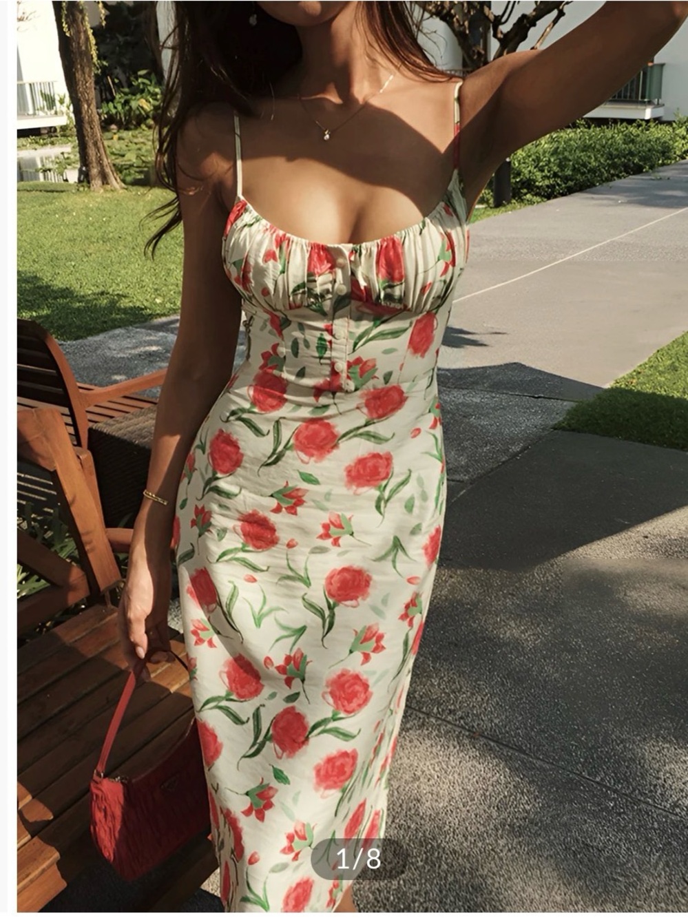 Commense Cream Midi Dress with Red Floral Print